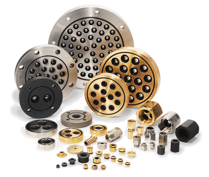 a selection of constant flow valve, from wafer to fit between flanges to screwed valves and press fit fittings.